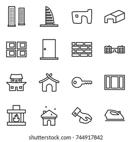 thin line icon set : skyscrapers, skyscraper, slum, warehouse, panel house, door, brick wall, school, japanese, bungalow, key, window, fireplace, cleaning, wiping, iron