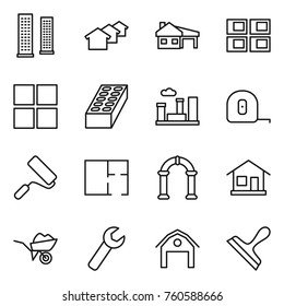 Thin line icon set : skyscrapers, houses, house with garage, panel, window, brick, city, measuring tape, repair, plan, arch, home, wheelbarrow, wrench, barn, scraper