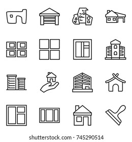 thin line icon set : slum, garage, modern architecture, house with, panel, window, building, district, real estate, office, bungalow, scraper