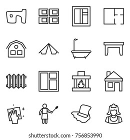 Thin line icon set : slum, panel house, window, plan, tent, bath, table, radiator, fireplace, wiping, woman with duster, floor washing, cleaner