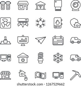 Thin Line Icon Set - smart home vector, control, fan, water heater, web camera, snowflake, air conditioner, pc, filter, energy saving bulb, garage gate, protect, usb flash, calendar, cash, car