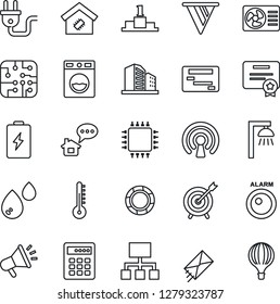Thin Line Icon Set - smart home vector, chip, power plug, wireless, air conditioner, water, washer, thermometer, outdoor lamp, combination lock, battery, alarm led, message, target, pennon, schedule