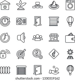 Thin Line Icon Set - smart home vector, wireless lock, irrigation, air conditioner, water, washer, smoke detector, radiator, sound, jalousie, sun panel, door, target, group, wallet, clock, hierarchy