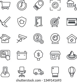 Thin Line Icon Set - smart home vector, control, eco house, web camera, app, water, eye scan, protect, door, usb flash, surveillance, battery, target, clock, office chair, money search, cart, flask