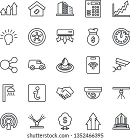 Thin Line Icon Set - smart home vector, fan, irrigation, wireless, air conditioner, water, outdoor lamp, combination lock, information, pass card, surveillance, sprinkler, arrow up graph, handshake