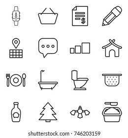 thin line icon set : smart watch, basket, account balance, pencil, map, sms, sorting, bungalow, cafe, bath, toilet, colander, ketchup, spruce, hard reach place cleaning, washing powder