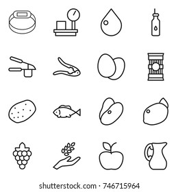 thin line icon set : smart bracelet, warehouse scales, drop, vegetable oil, garlic clasp, walnut crack, eggs, pasta, potato, fish, beans, lemon, grape, harvest, apple, jug