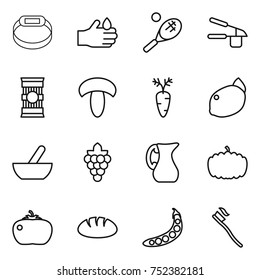 thin line icon set : smart bracelet, acid, tennis, garlic clasp, pasta, mushroom, carrot, lemon, mortar, grape, jug, pumpkin, tomato, bread, peas, tooth brush