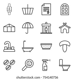 thin line icon set : smart watch, basket, account balance, arch window, greenhouse, dry cargo, detector, bungalow, water tap, bath, colander, mushroom, coffee seeds, viruses, sprayer, toilet