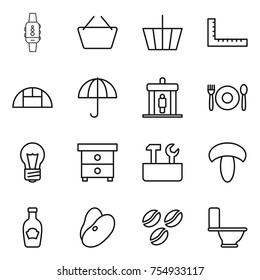 thin line icon set : smart watch, basket, ruler, greenhouse, dry cargo, detector, cafe, bulb, nightstand, repair tools, mushroom, ketchup, beans, coffee seeds, toilet
