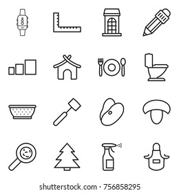 Thin line icon set : smart watch, ruler, building, pencil, sorting, bungalow, cafe, toilet, colander, meat hammer, beans, mushroom, viruses, spruce, sprayer, apron