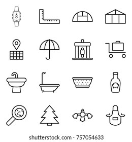 Thin line icon set : smart watch, ruler, greenhouse, map, dry cargo, detector, baggage trolley, sink, bath, colander, ketchup, viruses, spruce, hard reach place cleaning, apron