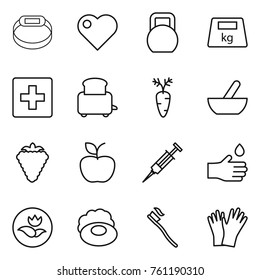 Thin line icon set : smart bracelet, heart, heavy, first aid, toaster, carrot, mortar, berry, apple, syringe, hand drop, ecology, soap, tooth brush, gloves