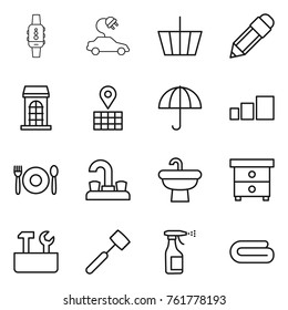 Thin line icon set : smart watch, electric car, basket, pencil, building, map, dry cargo, sorting, cafe, water tap, sink, nightstand, repair tools, meat hammer, sprayer, towel