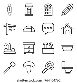 Thin line icon set : smart watch, building, arch window, pencil, tower crane, greenhouse, sms, bungalow, water tap, nightstand, repair tools, colander, meat hammer, mushroom, viruses, toilet