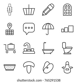 Thin line icon set : smart watch, basket, pencil, arch window, map, sms, dry cargo, sorting, baggage trolley, water tap, bath, toilet, colander, mushroom, beans, apron