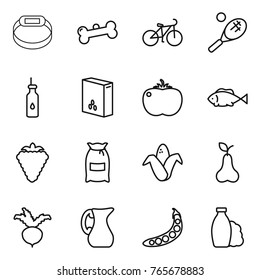 Thin line icon set : smart bracelet, bone, bike, tennis, vegetable oil, cereals, tomato, fish, berry, flour, corn, pear, beet, jug, peas, shampoo