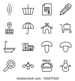 Thin line icon set : smart watch, basket, account balance, pencil, map, dry cargo, bungalow, baggage trolley, bath, food processor, mushroom, viruses, hard reach place cleaning, washing powder