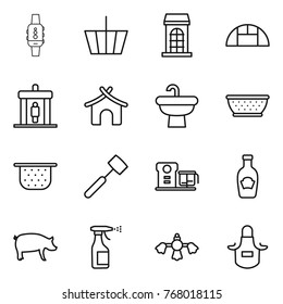 Thin line icon set : smart watch, basket, building, greenhouse, detector, bungalow, sink, colander, meat hammer, food processor, ketchup, pig, sprayer, hard reach place cleaning, apron