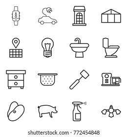 Thin line icon set : smart watch, electric car, building, greenhouse, map, bulb, sink, toilet, nightstand, colander, meat hammer, food processor, beans, pig, sprayer, hard reach place cleaning