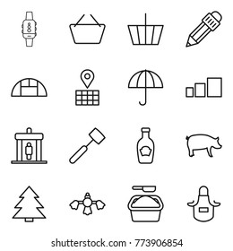 Thin line icon set : smart watch, basket, pencil, greenhouse, map, dry cargo, sorting, detector, meat hammer, ketchup, pig, spruce, hard reach place cleaning, washing powder, apron