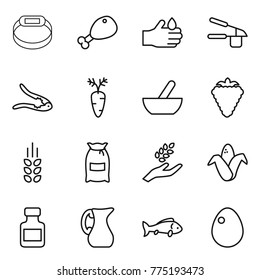 Thin line icon set : smart bracelet, chicken leg, acid, garlic clasp, walnut crack, carrot, mortar, berry, spikelets, flour, harvest, corn, pills bottle, jug, fish, egg