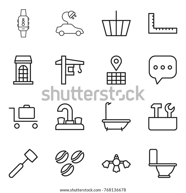 Thin line icon set : smart watch, electric car,\
basket, ruler, building, tower crane, map, sms, baggage trolley,\
water tap, bath, repair tools, meat hammer, coffee seeds, hard\
reach place cleaning