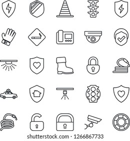 Thin Line Icon Set - smoking place vector, alarm car, border cone, glove, boot, hose, heart shield, traffic light, protect, lock, intercome, home, surveillance, sprinkler, crisis management