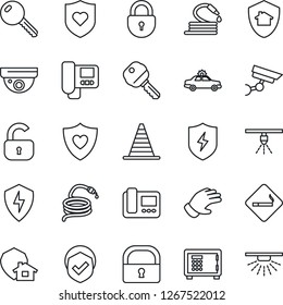 Thin Line Icon Set - smoking place vector, alarm car, border cone, safe, lock, glove, hose, heart shield, protect, key, intercome, home, surveillance, sprinkler