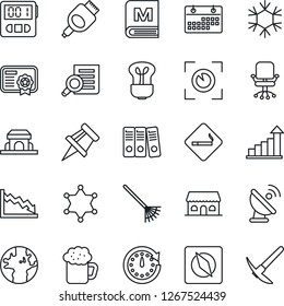 Thin Line Icon Set - smoking place vector, growth statistic, office chair, document search, rake, earth, satellite antenna, hdmi, stopwatch, compass, calendar, drawing pin, paper binder, menu, beer