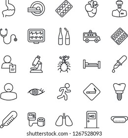 Thin Line Icon Set - smoking place vector, medical room, monitor pulse, stethoscope, blood pressure, dropper, thermometer, microscope, pills blister, ampoule, tomography, ambulance car, run, stomach