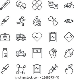 Thin Line Icon Set - smoking place vector, heart pulse, doctor case, molecule, syringe, blood pressure, dropper, thermometer, scales, pills, ampoule, patch, ambulance car, bike, run, disabled, real