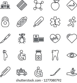 Thin Line Icon Set - smoking place vector, heart, pulse, molecule, thermometer, pills bottle, blister, scalpel, ambulance star, car, run, disabled, caries, eye, hospital, pregnancy, virus, heavy