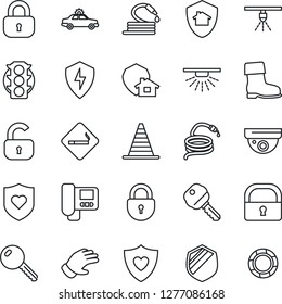 Thin Line Icon Set - smoking place vector, alarm car, border cone, lock, glove, boot, hose, heart shield, traffic light, protect, key, intercome, home, surveillance, sprinkler, crisis management