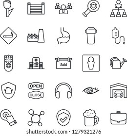 Thin Line Icon Set - smoking place vector, male, hierarchy, team, watering can, molecule, dropper, heart diagnostic, stomach, eye, hospital, container, tulip, shield, touch screen, headphones, beer