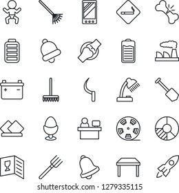 Thin Line Icon Set - smoking place vector, baby, manager, job, factory, circle chart, farm fork, rake, sickle, joint, broken bone, reel, battery, mobile, bell, desk lamp, table, wine card, egg stand