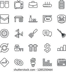 Thin Line Icon Set - smoking place vector, tv, dollar sign, case, desk, stamp, garden fork, rake, 24 hours, sea port, equalizer, dialog, chain, battery, mail, update, bar graph, windmill, rent