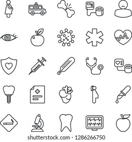 Thin Line Icon Set - smoking place vector, heart pulse, monitor, diagnosis, stethoscope, syringe, blood pressure, dropper, thermometer, microscope, ambulance star, car, shield, real, tooth, implant