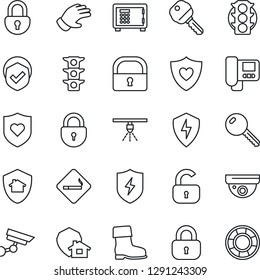 Thin Line Icon Set - smoking place vector, safe, lock, glove, boot, heart shield, traffic light, protect, key, intercome, home, surveillance, sprinkler, crisis management