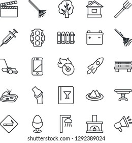 Thin Line Icon Set - smoking place vector, farm fork, rake, tree, lawn mower, house, bench, syringe, joint, traffic light, clapboard, flame disk, cell phone, pond, fence, table, fireplace, serviette