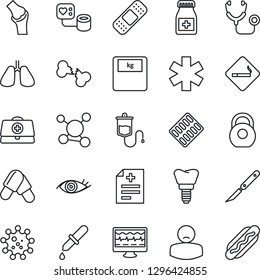 Thin Line Icon Set - smoking place vector, monitor pulse, doctor case, diagnosis, stethoscope, blood pressure, dropper, scales, pills, bottle, blister, scalpel, patch, ambulance star, lungs, implant