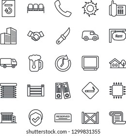 Thin Line Icon Set - smoking place vector, waiting area, handshake, office binder, document reload, sun, garden knife, phone, car delivery, container, shield, tv, call, building, house with tree