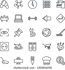 Thin Line Icon Set - smoking place vector, left arrow, seat map, book, brainstorm, meeting, factory, rake, wheelbarrow, lawn mower, plant label, pills, barbell, network, share, clock, root setup