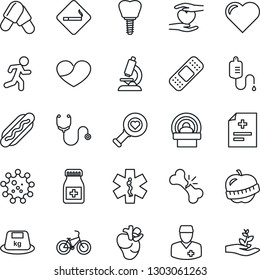 Thin Line Icon Set - smoking place vector, heart, diagnosis, stethoscope, dropper, diagnostic, microscope, pills, bottle, patch, tomography, ambulance star, bike, run, hand, real, implant, diet