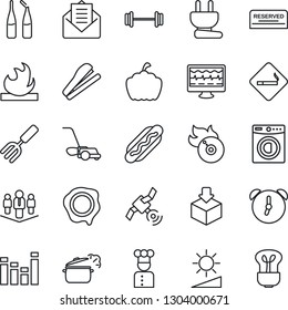 Thin Line Icon Set - smoking place vector, stamp, garden fork, lawn mower, pumpkin, monitor pulse, ampoule, barbell, package, flammable, flame disk, satellite, equalizer, mail, alarm, brightness