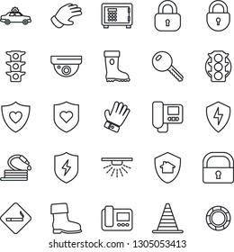 Thin Line Icon Set - smoking place vector, alarm car, border cone, safe, lock, glove, boot, hose, heart shield, traffic light, protect, key, intercome, home, surveillance, sprinkler