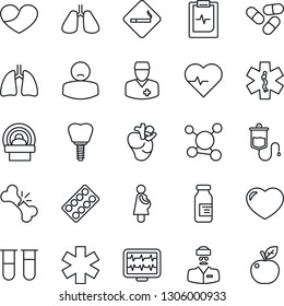 Thin Line Icon Set - smoking place vector, heart pulse, monitor, blood test vial, dropper, pills, blister, ampoule, tomography, ambulance star, lungs, real, implant, broken bone, clipboard, doctor