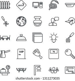 Thin Line Icon Set - smoking place vector, luggage scales, garden fork, fence, hose, picnic table, ripper, earth, speaker, blank box, stamp, key, reception, cafe, vip zone, ham, bowl, turkish coffee