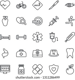 Thin Line Icon Set - smoking place vector, heart pulse, monitor, doctor case, syringe, dropper, thermometer, diagnostic, pills bottle, scalpel, patch, tomography, ambulance star, barbell, bike, run