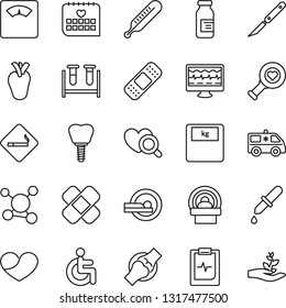 Thin Line Icon Set - smoking place vector, monitor pulse, blood test vial, dropper, thermometer, heart diagnostic, scales, ampoule, scalpel, patch, tomography, ambulance car, disabled, real, implant